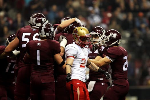 Football players in action celebrating a play on the field during a college game.