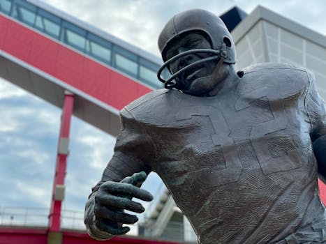 Relationship Between Draft Number and APY (2020 NFL Draft) Close-up of a football player statue outside a modern stadium in Cleveland, Ohio.