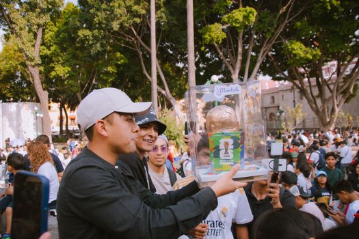 Group of people celebrating with a FIFA World Cup trophy replica in a vibrant outdoor setting.